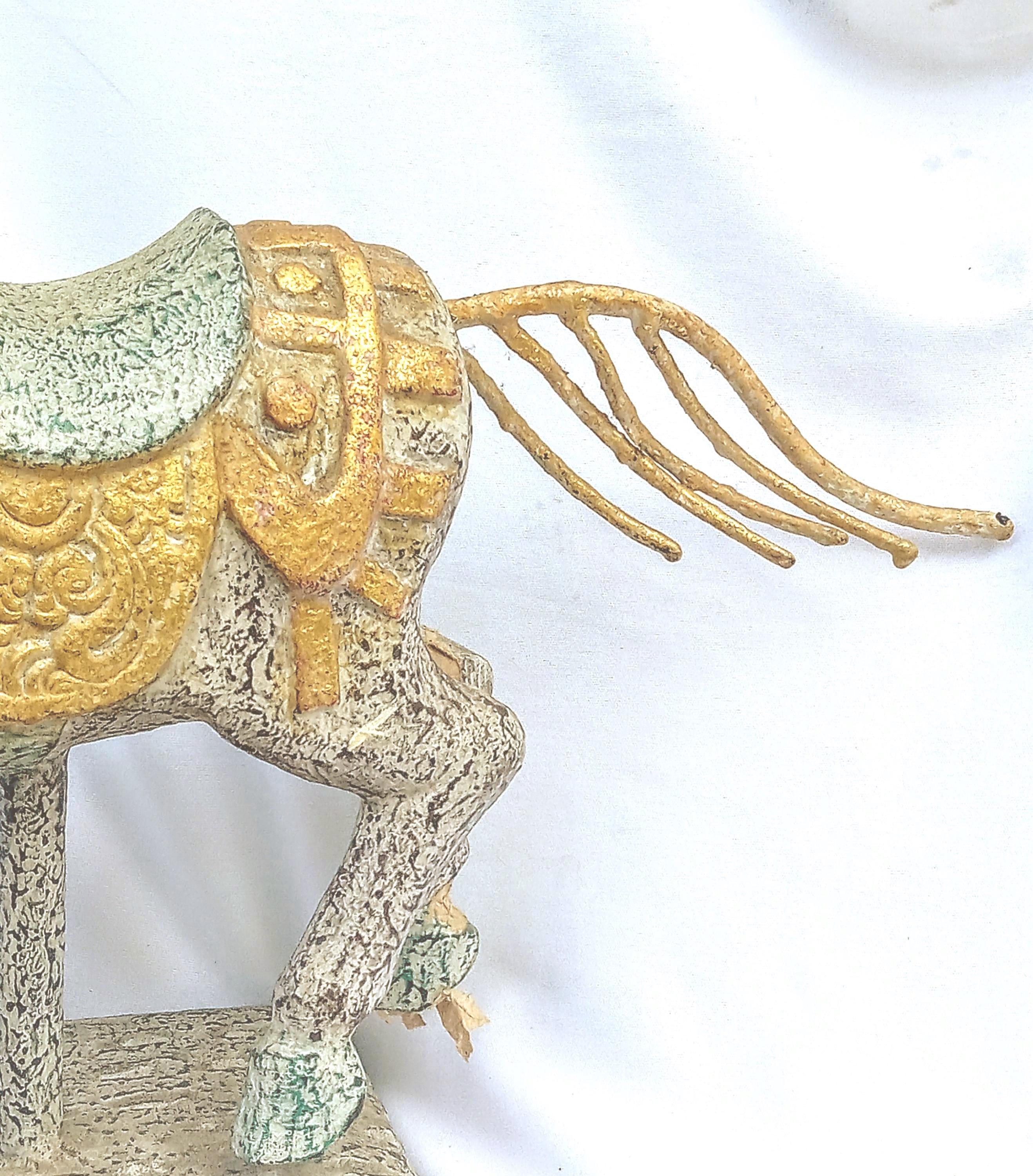 Indonesian Hand-Carved Horse Statue – Gessoed Wood with Gold Accents and Metal Mane
