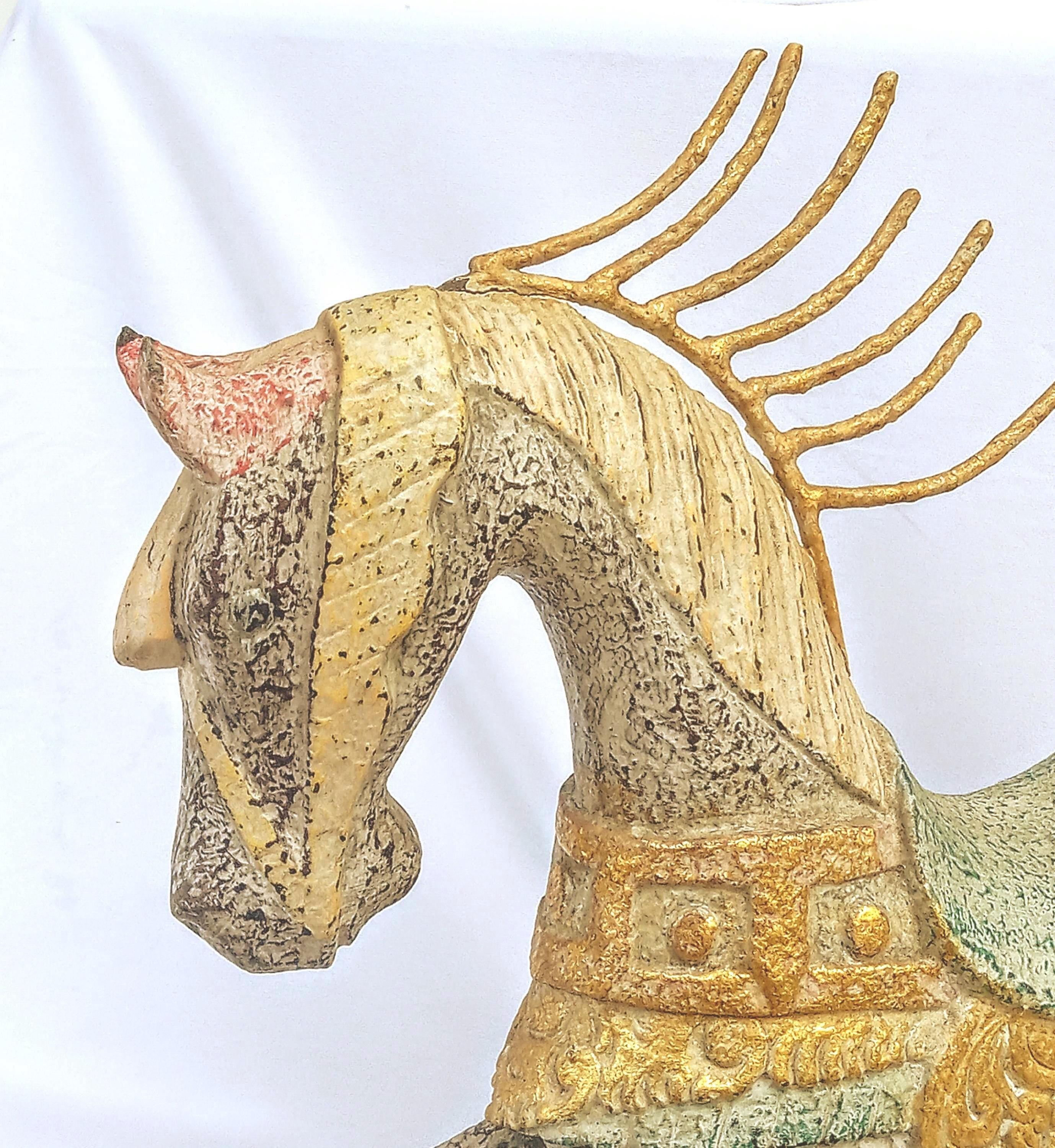Indonesian Hand-Carved Horse Statue – Gessoed Wood with Gold Accents and Metal Mane