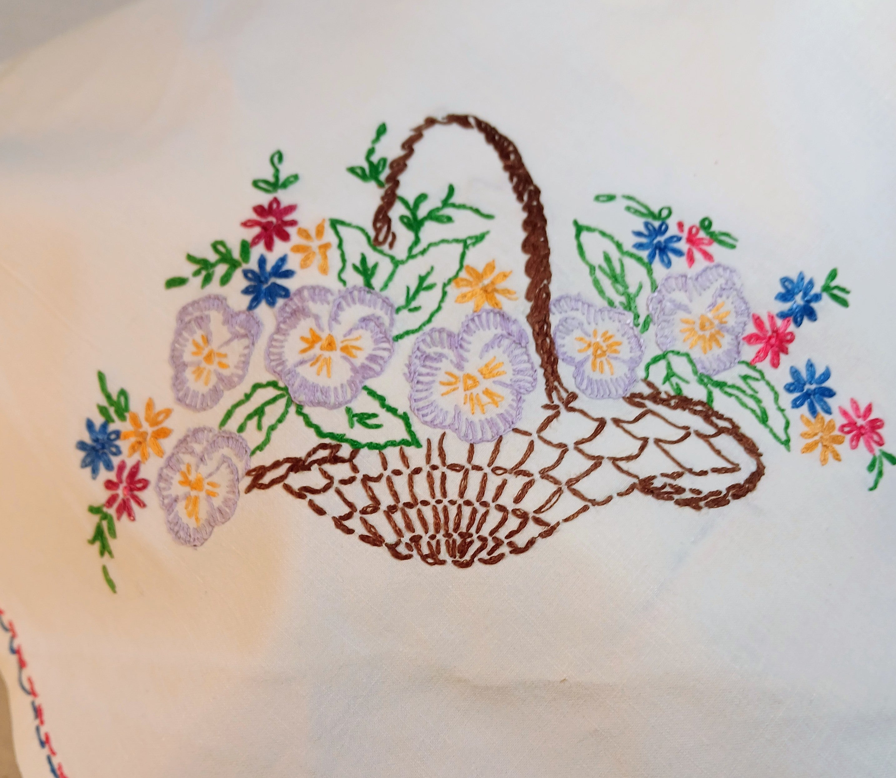 Vintage Hand Embroidered Basket Liner / Bread Cover