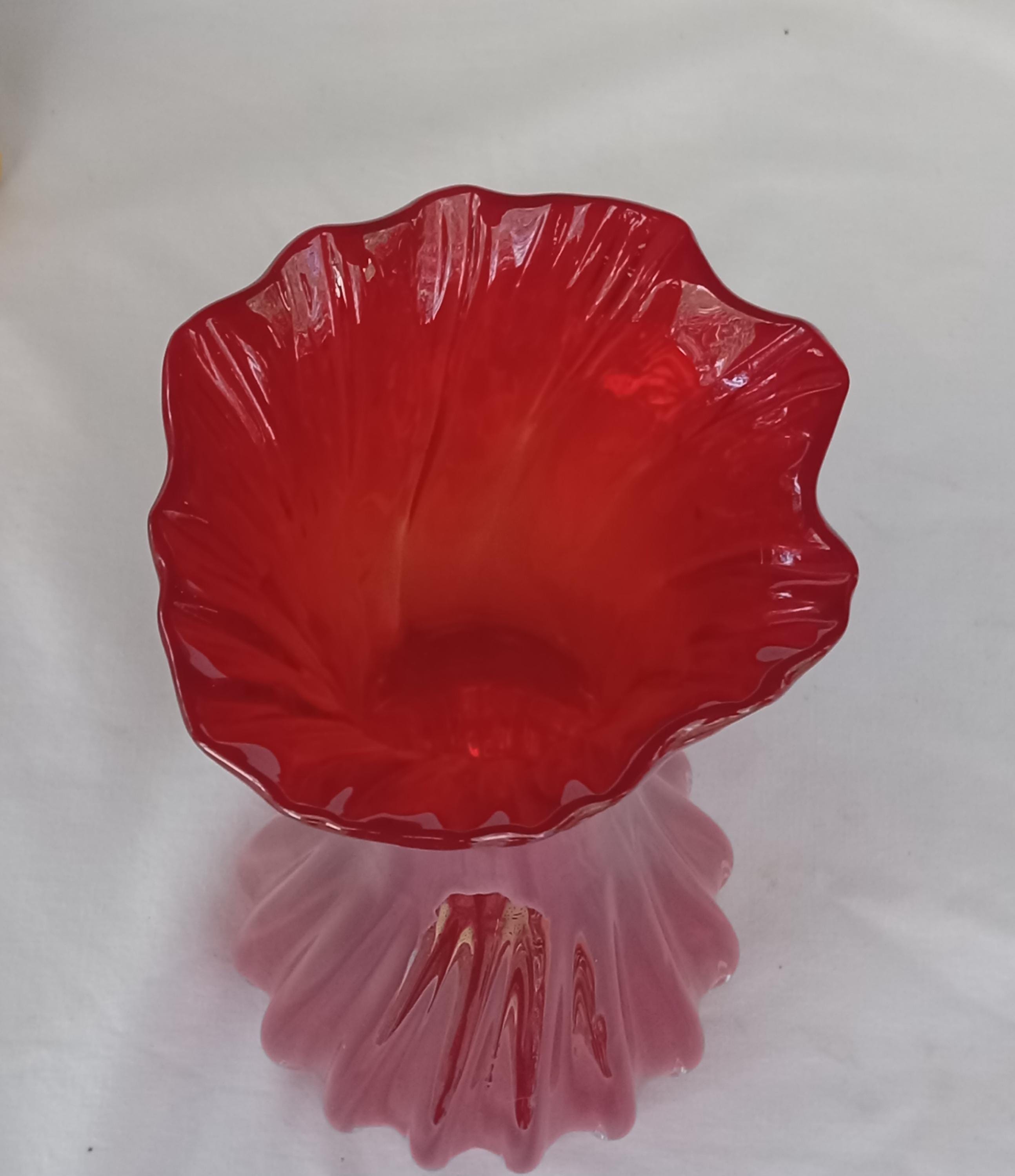 Hand Blown Glass Vase - Ruby Red, Ruffled Rim & Polished Pontil
