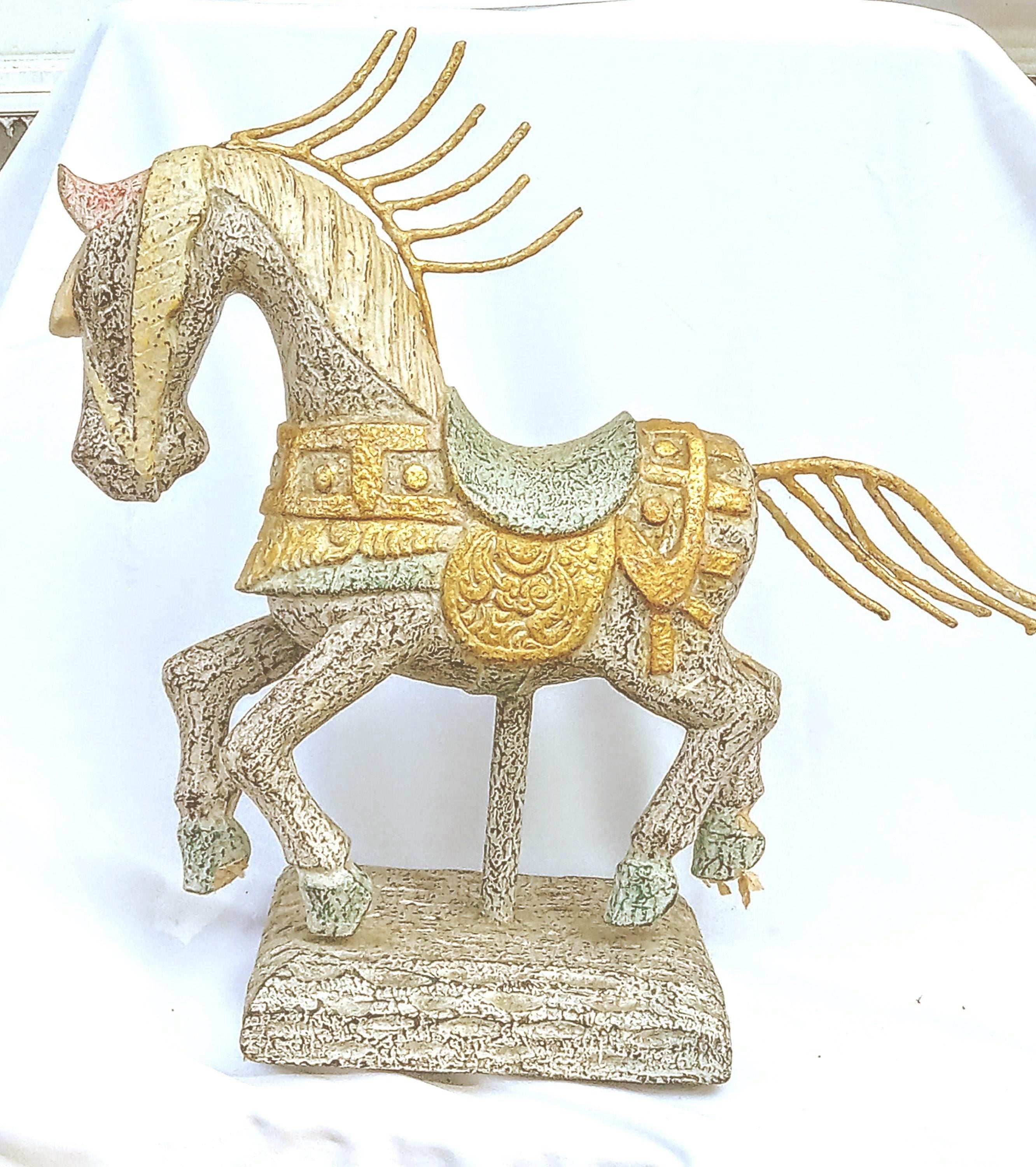 Indonesian Hand-Carved Horse Statue – Gessoed Wood with Gold Accents and Metal Mane