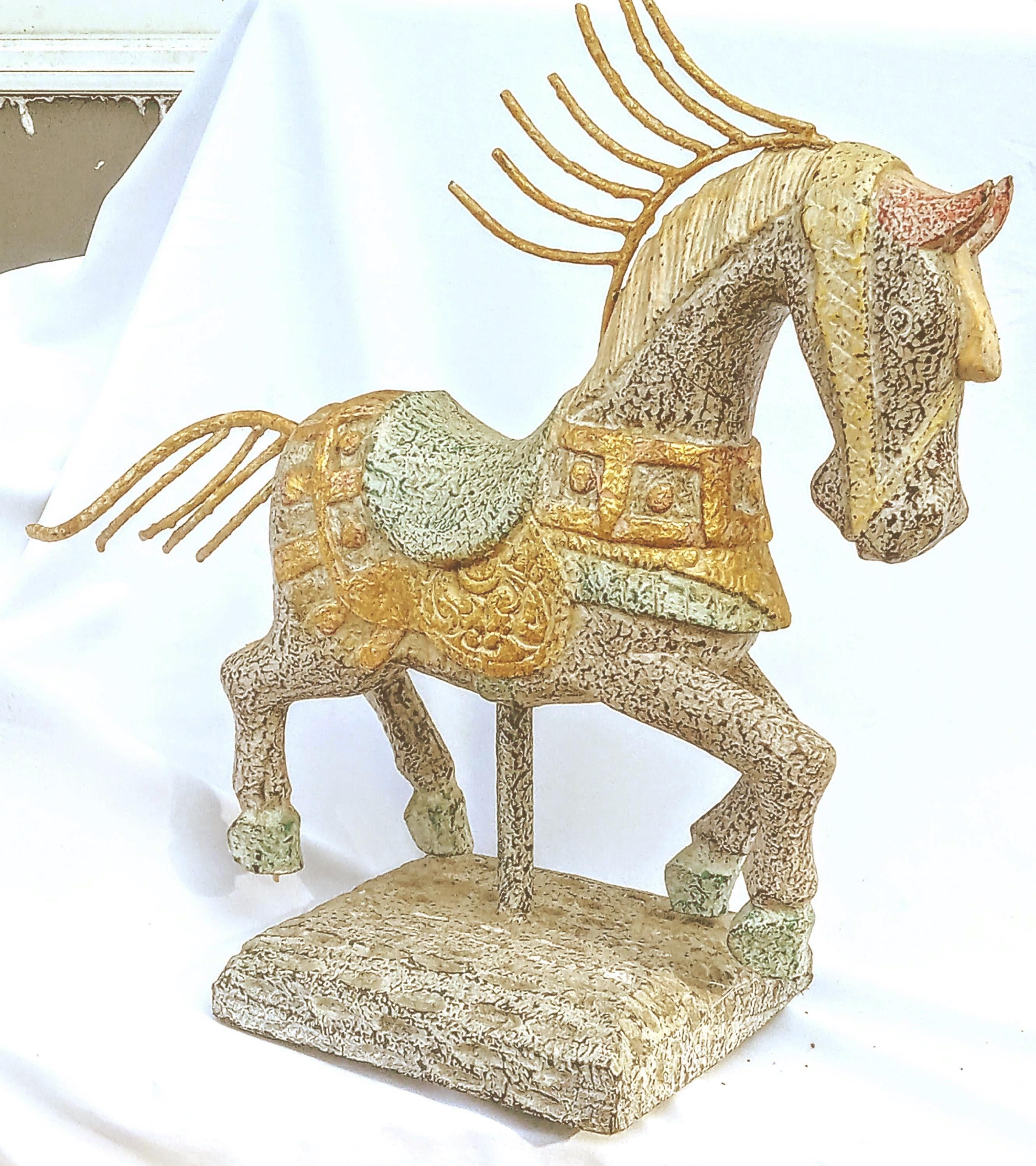 Indonesian Hand-Carved Horse Statue – Gessoed Wood with Gold Accents and Metal Mane