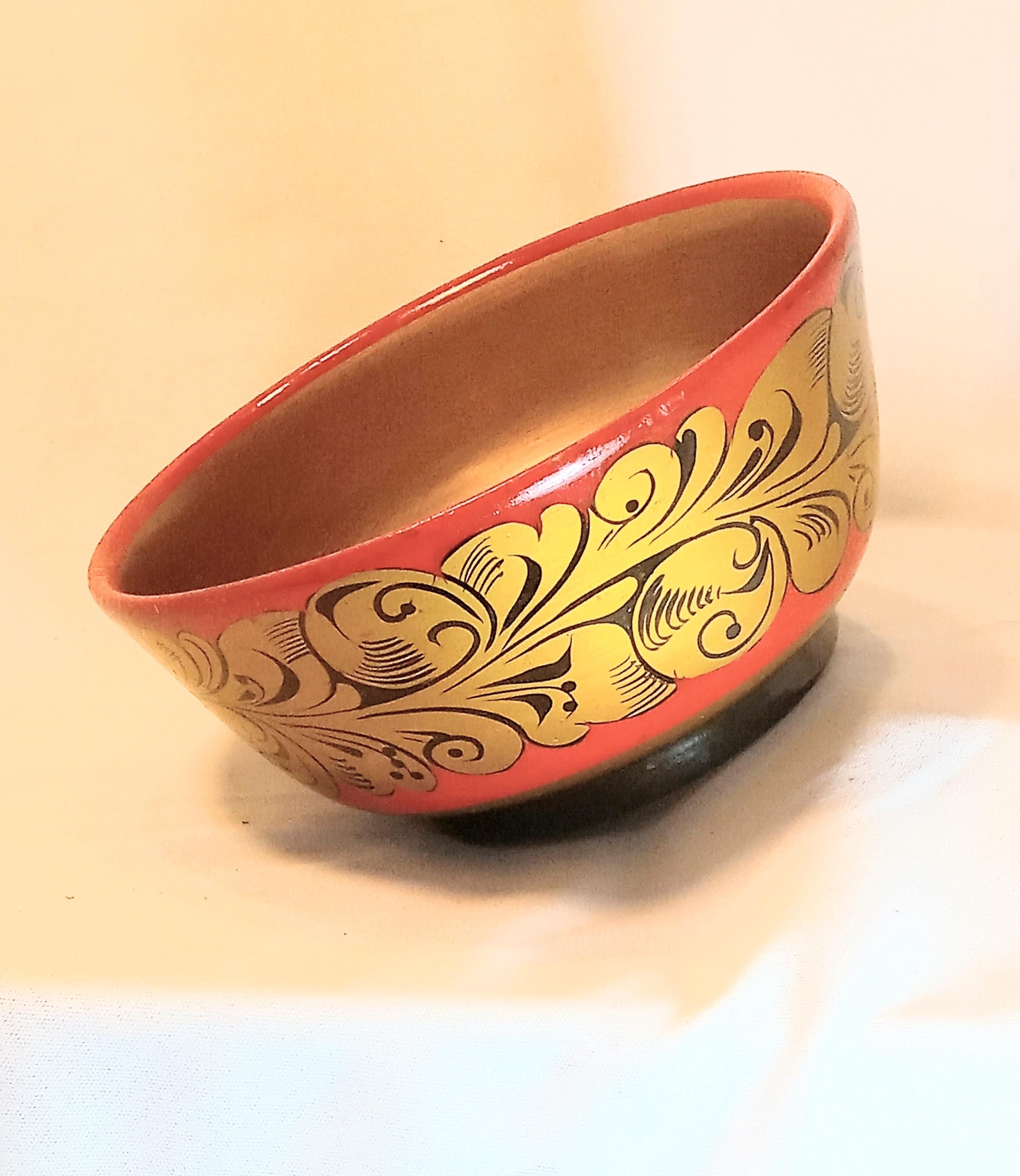 Vintage Hand-Painted Wooden Bowl - Made in the USSR