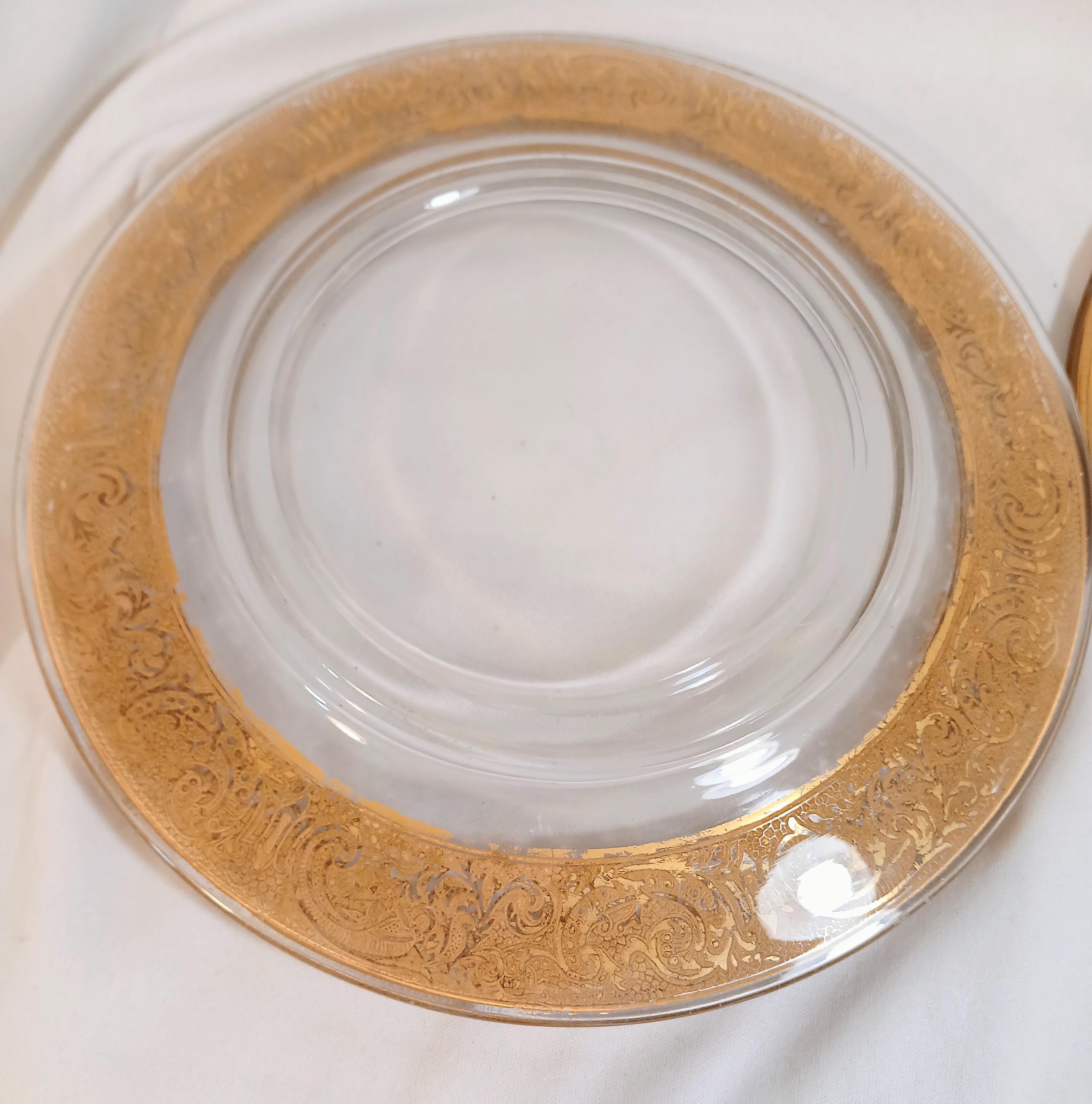 Set of 4 Vintage Etched Glass Dessert Plates – Georgian Style Gold Gilt Luncheon Service