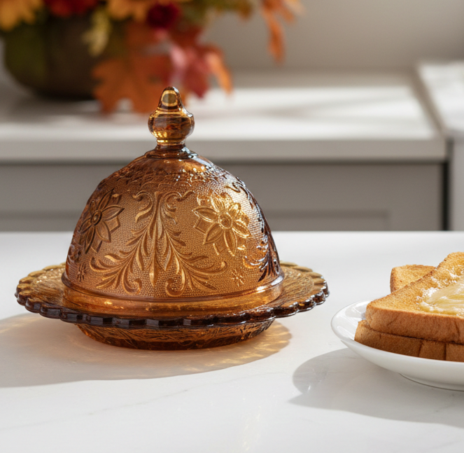 Indiana Glass Amber Butter Dish - Tiara Exclusives - Domed Lid