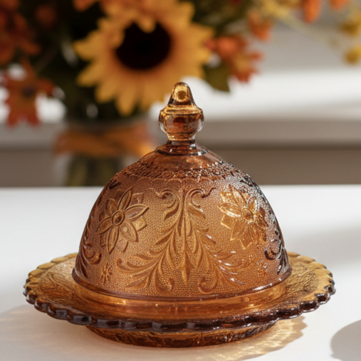Indiana Glass Amber Butter Dish - Tiara Exclusives - Domed Lid