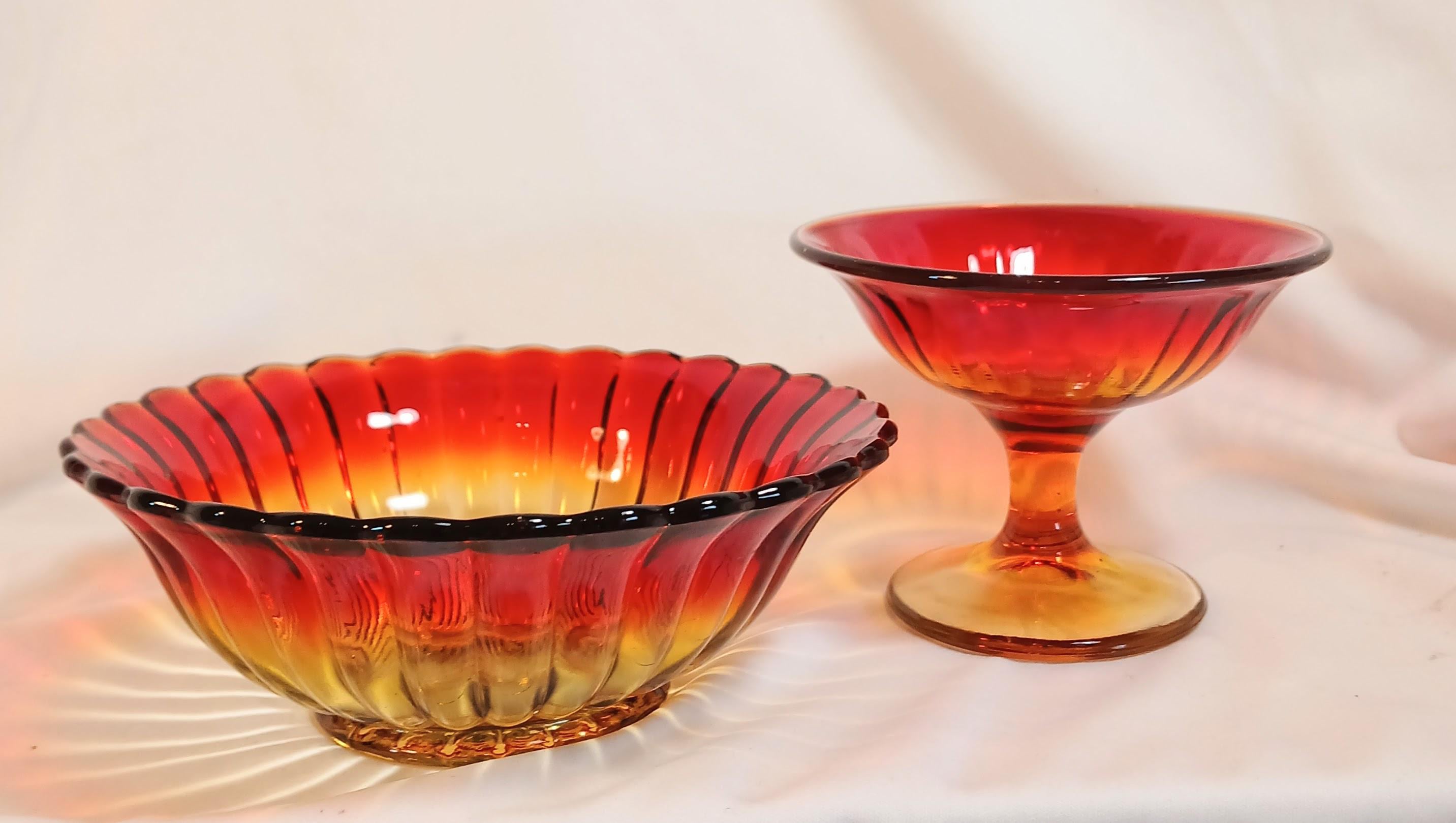 Pedestal Bowl with Matching Dish - Vintage Amberina Imperial Glass - 1930s