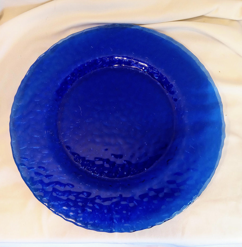 Vintage Cobalt Blue Glass Plates Set of 2 – 11" Textured Dinner, Serving or Charger Plates
