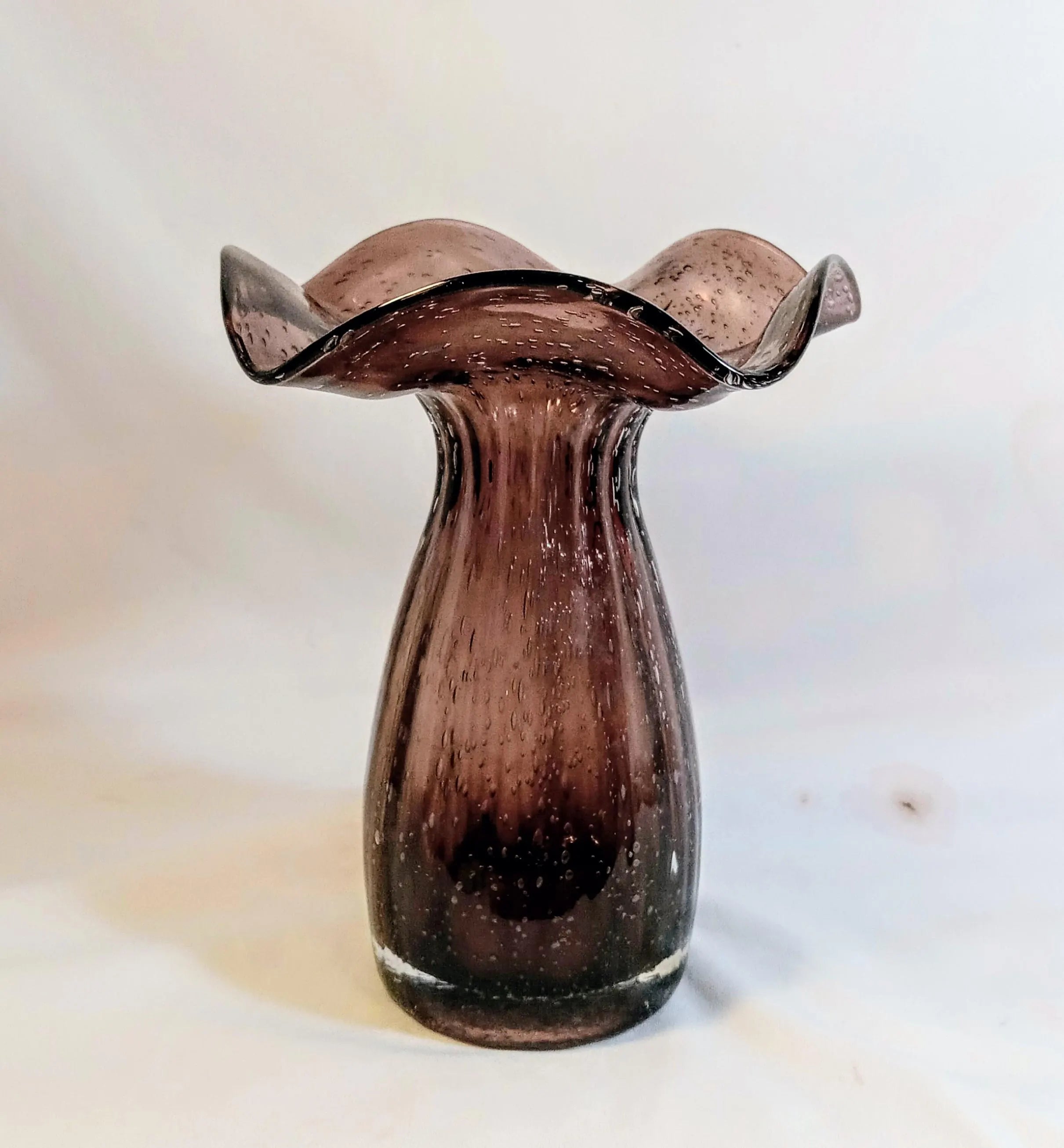 Hand-Blown Art Glass Ruffled Vase – Controlled Bubble, Amethyst Smoke Tone