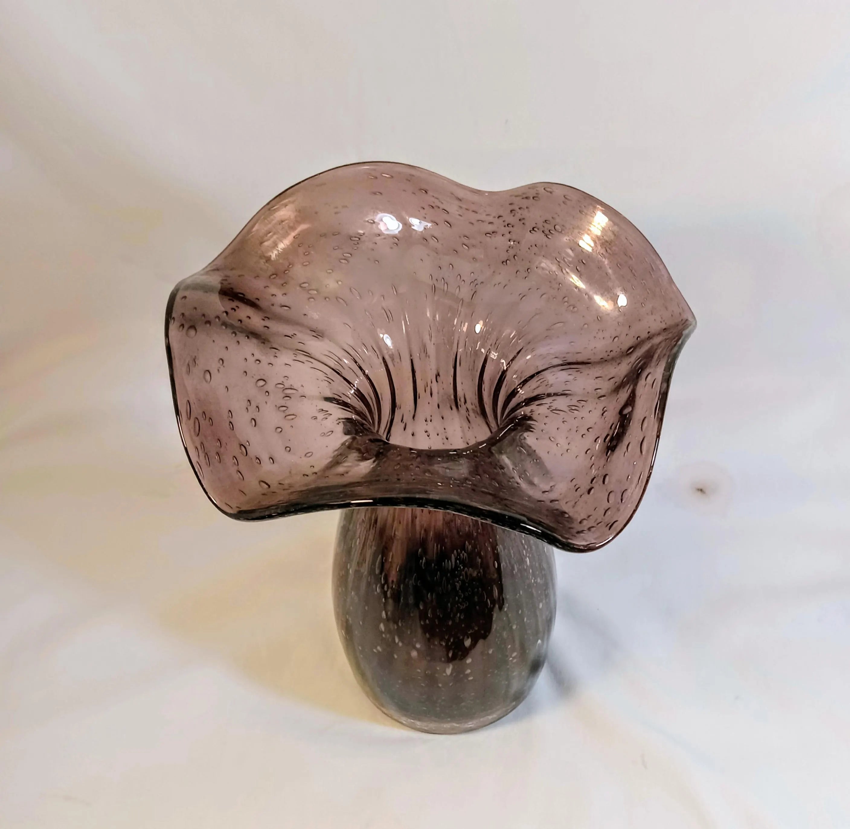 Hand-Blown Art Glass Ruffled Vase – Controlled Bubble, Amethyst Smoke Tone