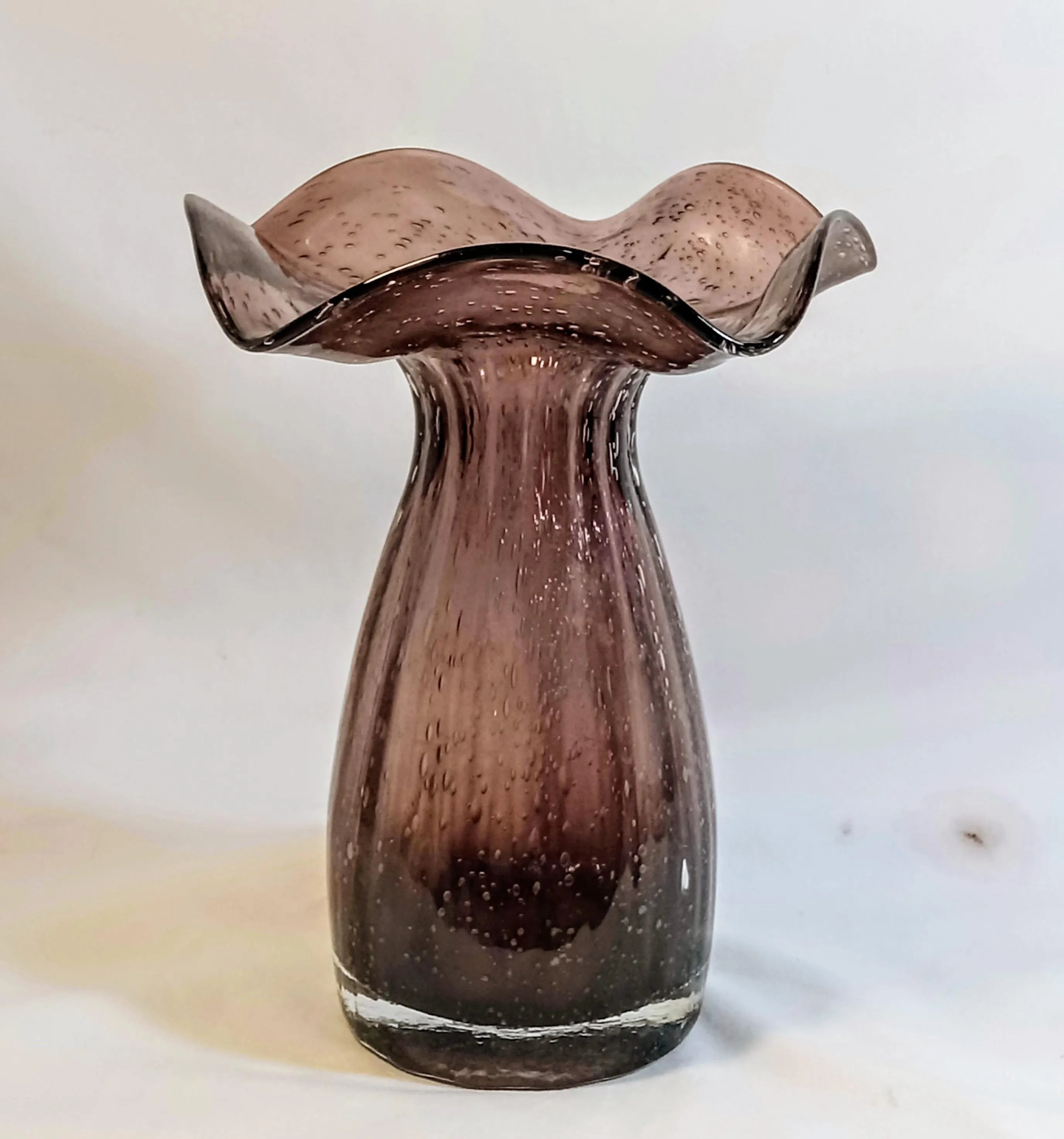 Hand-Blown Art Glass Ruffled Vase – Controlled Bubble, Amethyst Smoke Tone