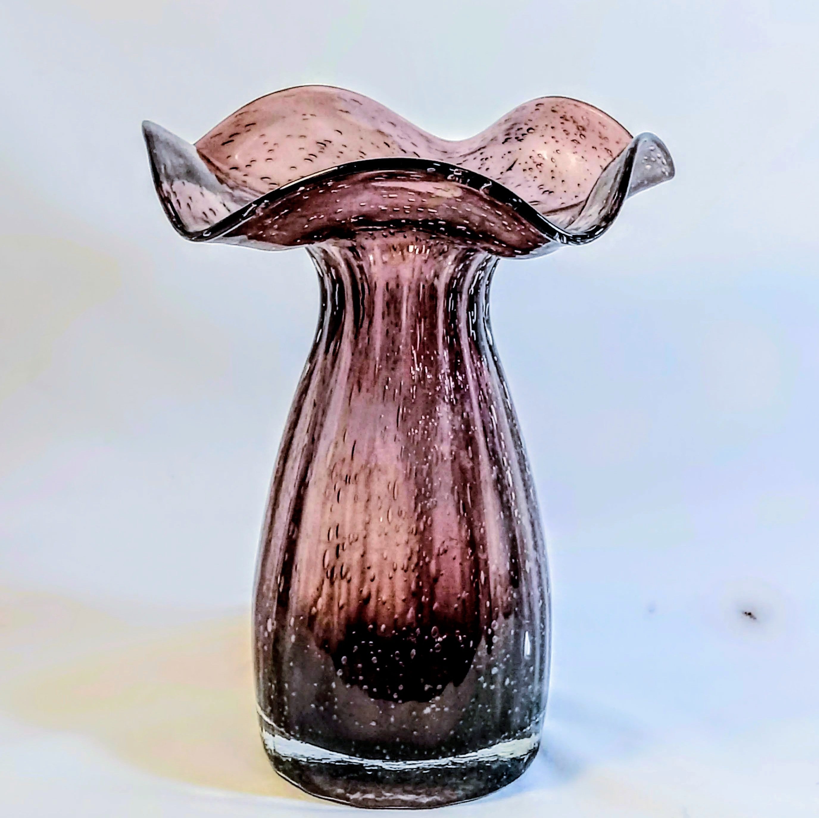 Hand-Blown Art Glass Ruffled Vase – Controlled Bubble, Amethyst Smoke Tone