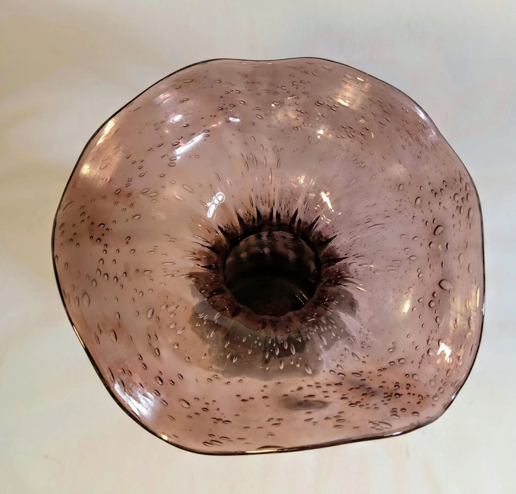 Hand-Blown Art Glass Ruffled Vase – Controlled Bubble, Amethyst Smoke Tone
