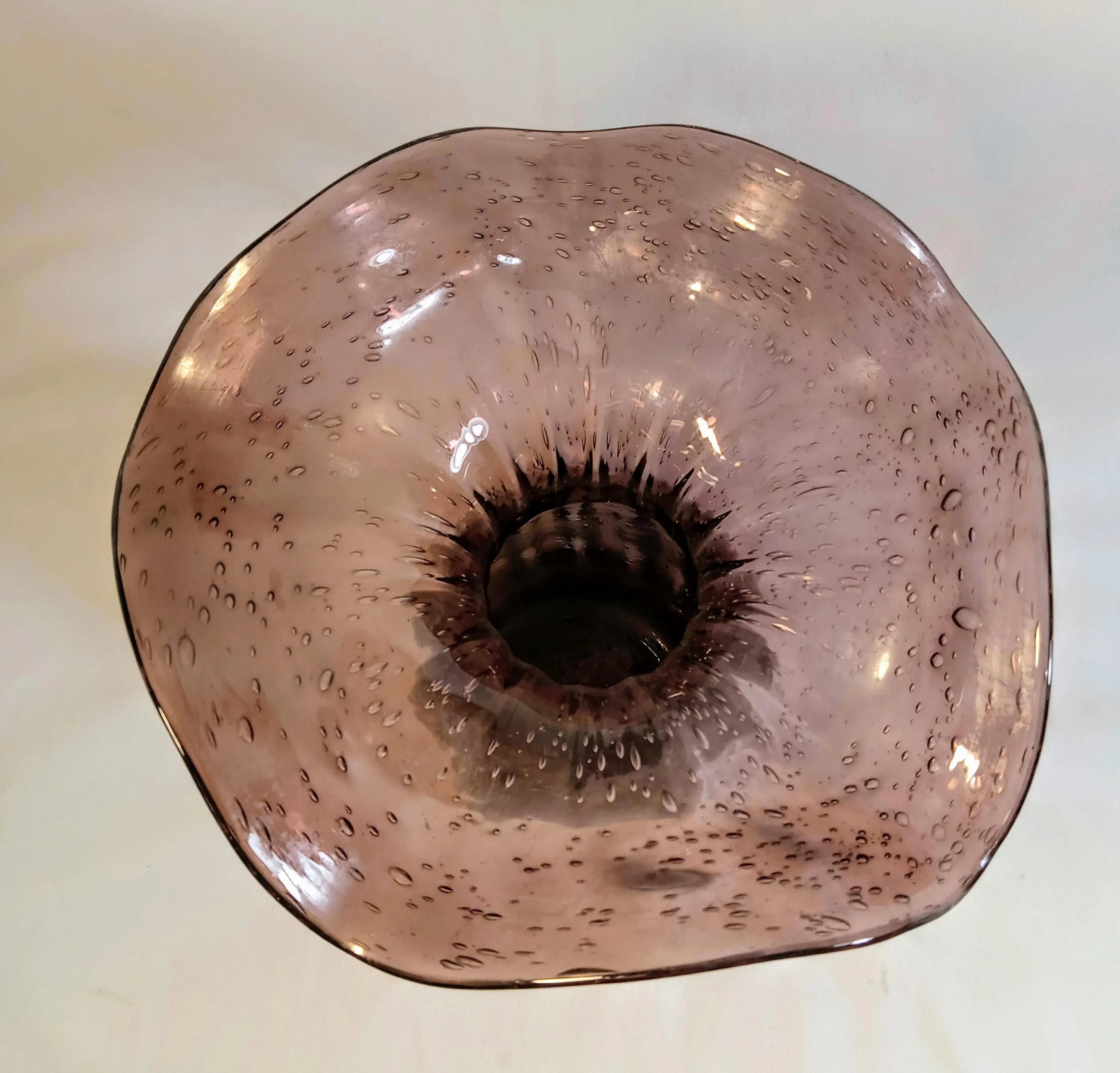 Hand-Blown Art Glass Ruffled Vase – Controlled Bubble, Amethyst Smoke Tone