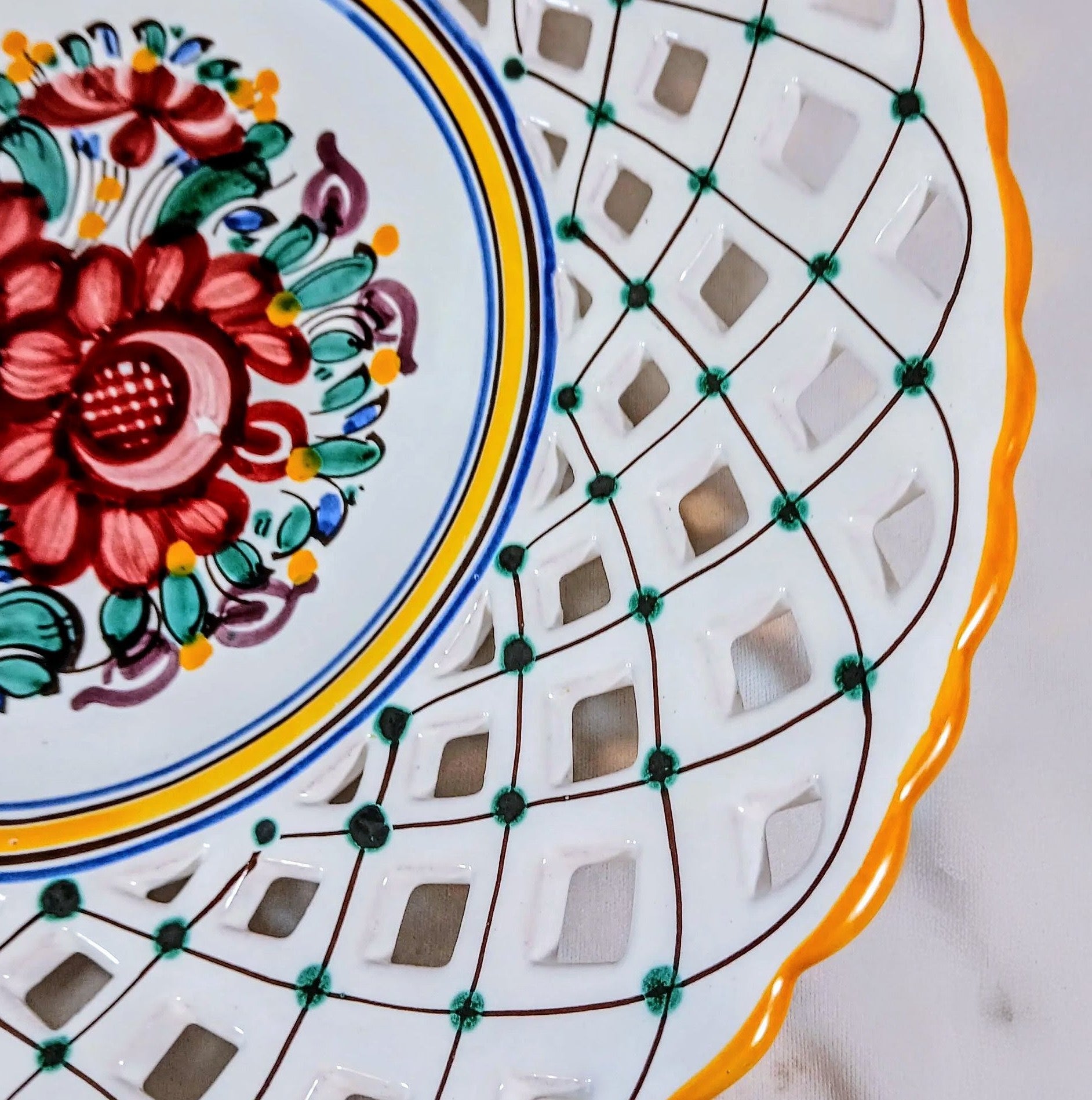 Hand-Painted Open Lattice Plate – 10.5" Slovakian Folk Art Pottery