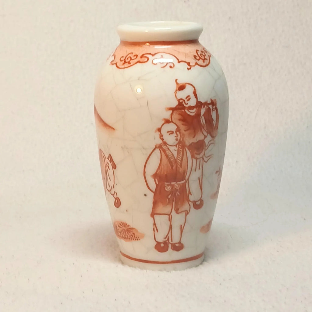 Vintage Crackle Glaze Mini Vase – Red Figural Scene