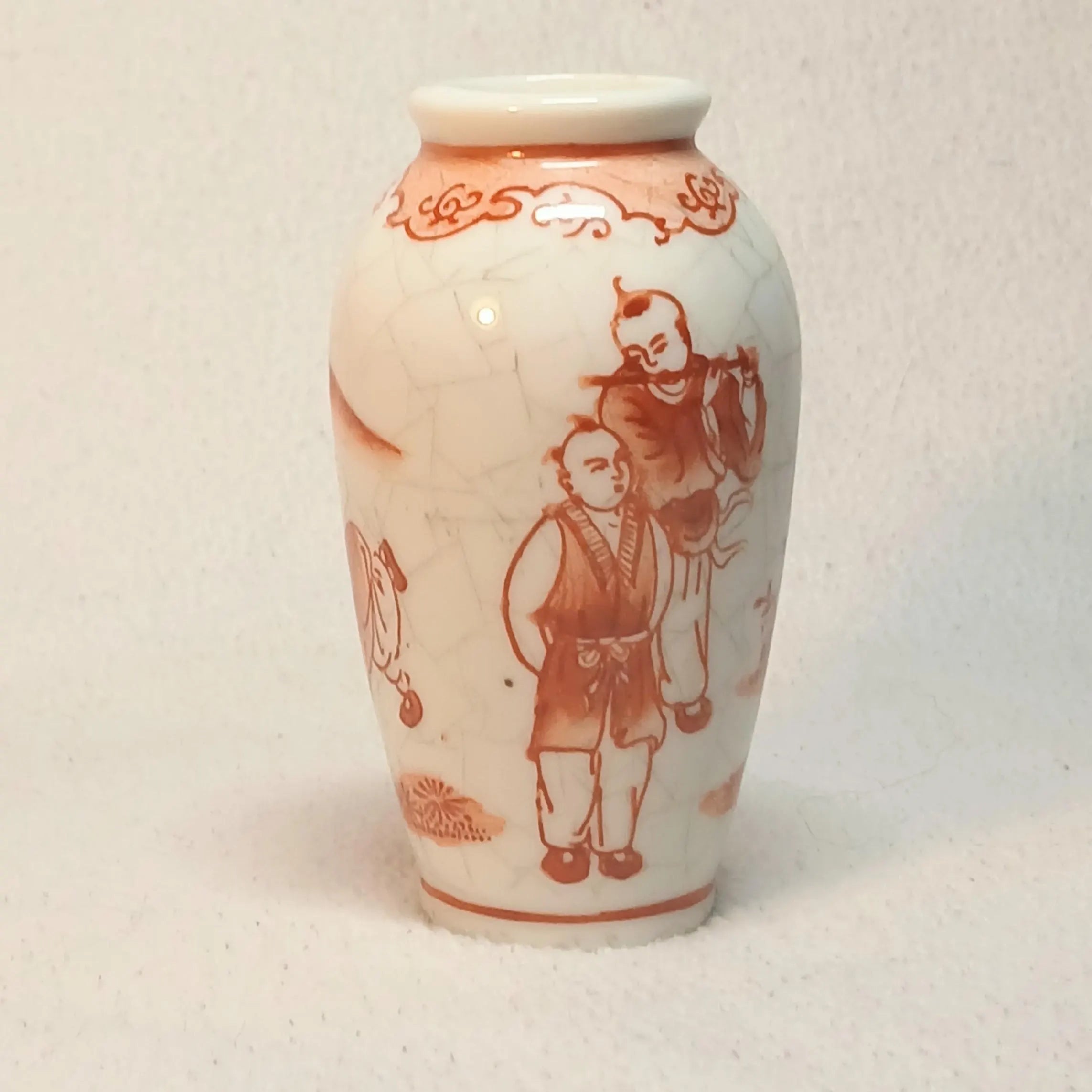 Vintage Crackle Glaze Mini Vase – Red Figural Scene