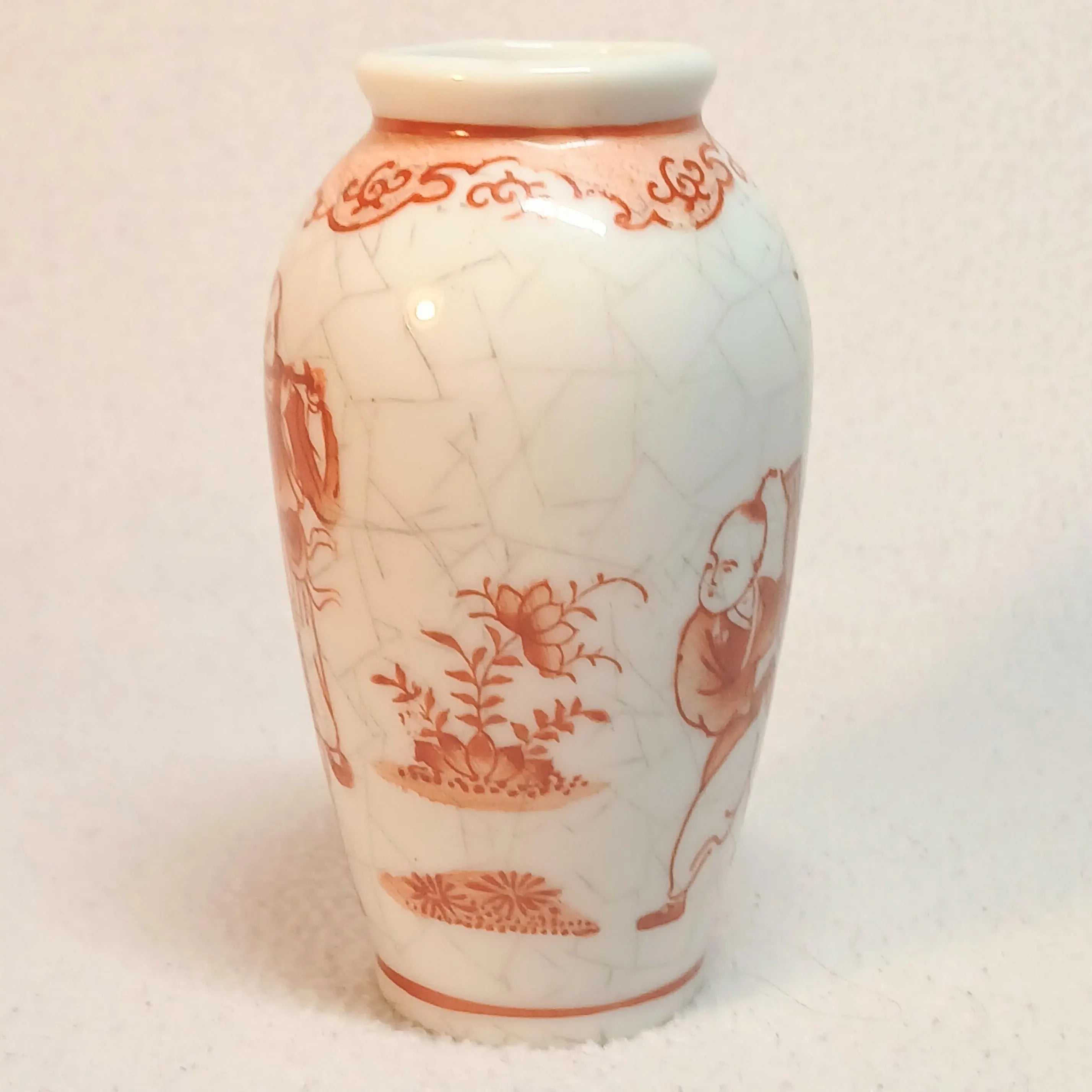 Vintage Crackle Glaze Mini Vase – Red Figural Scene