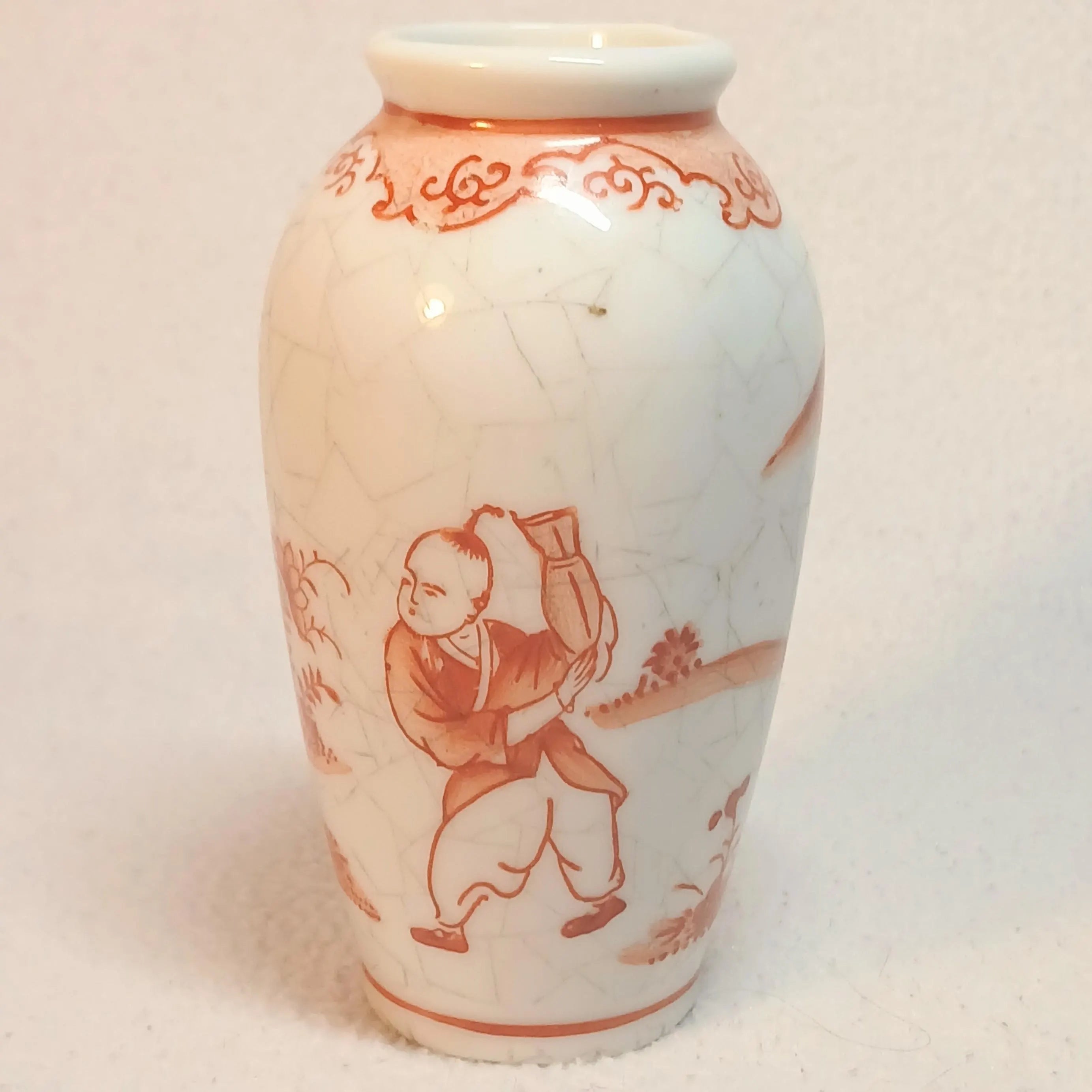 Vintage Crackle Glaze Mini Vase – Red Figural Scene