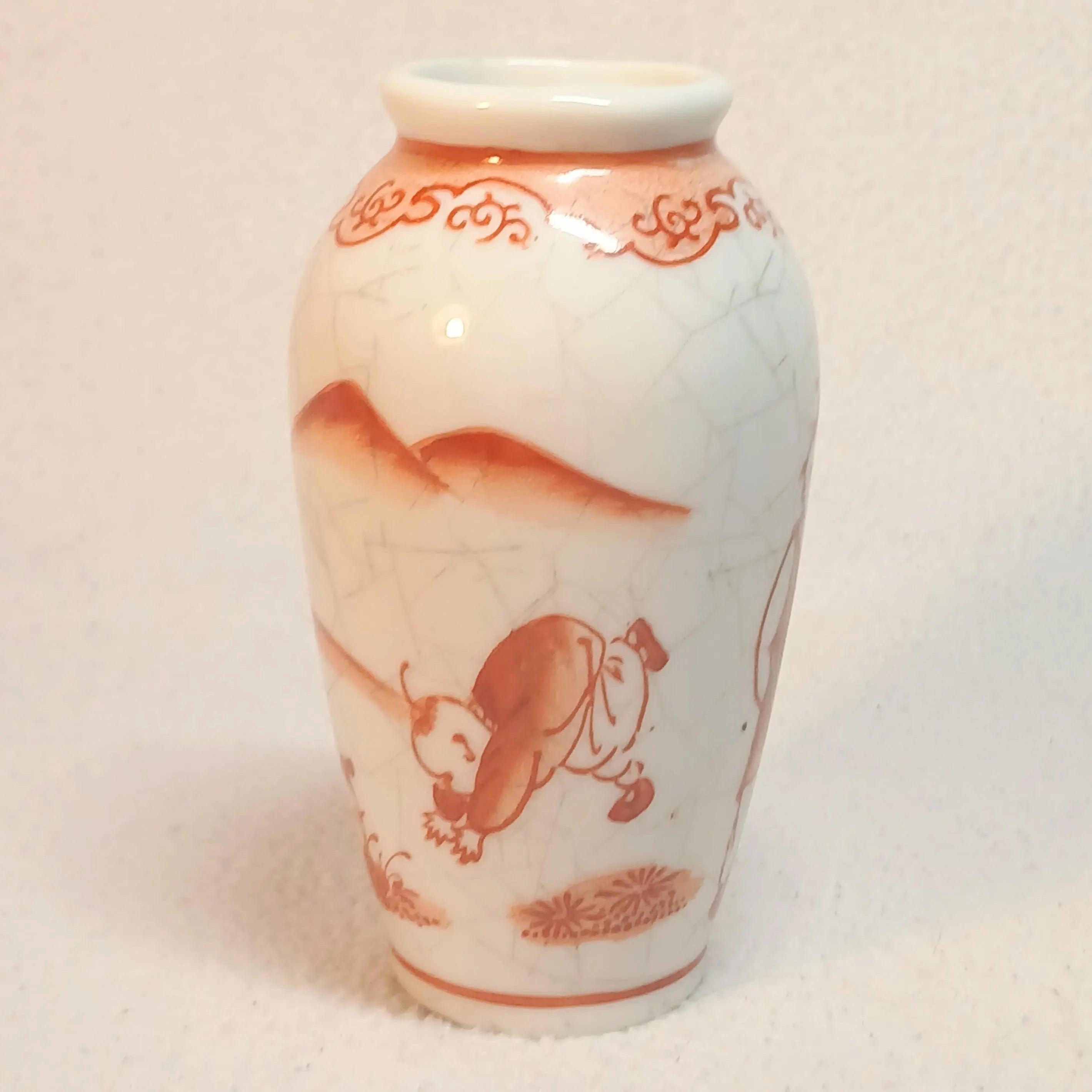 Vintage Crackle Glaze Mini Vase – Red Figural Scene