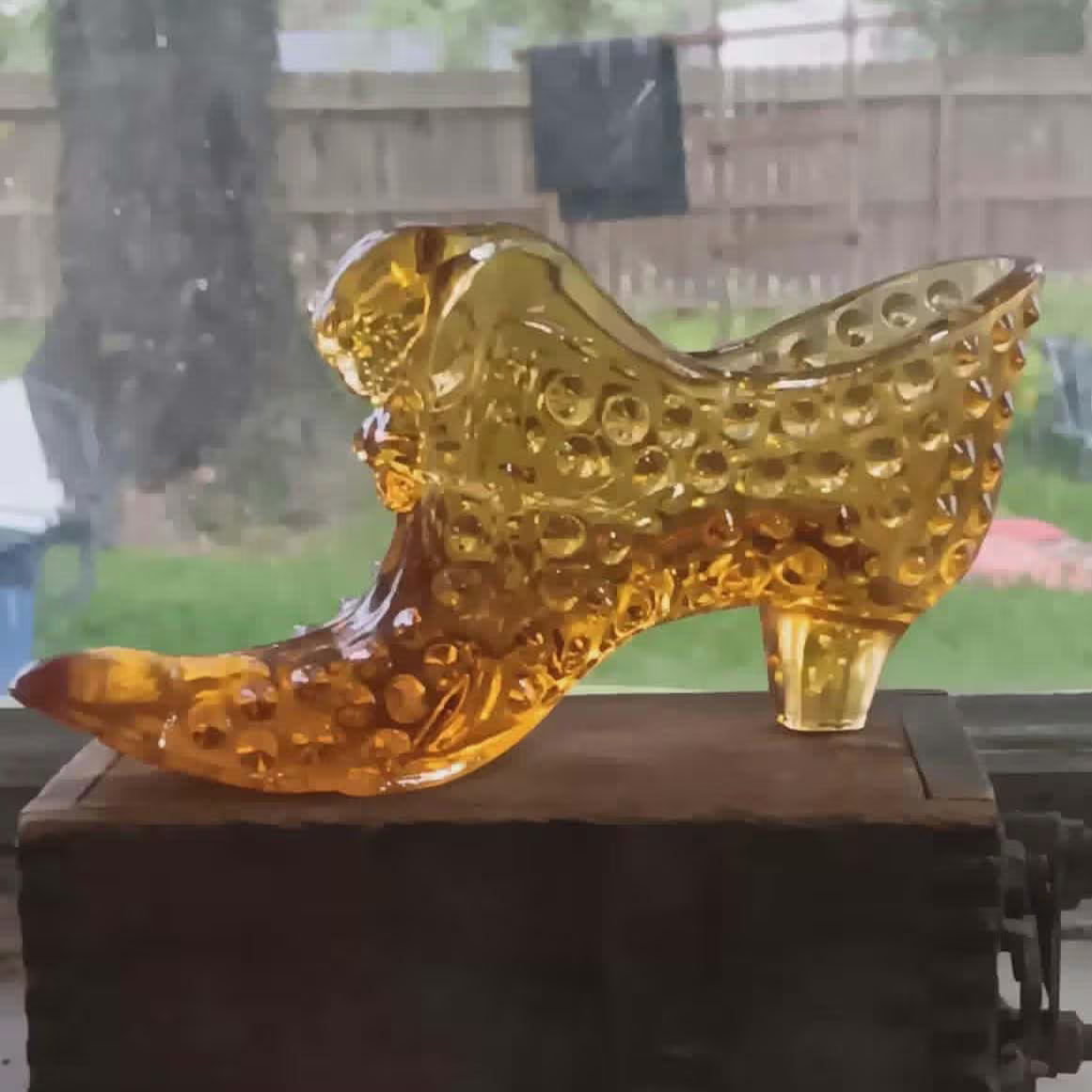 Fenton Glass Amber Hobnail Shoe - Vintage Cat's Head Slipper