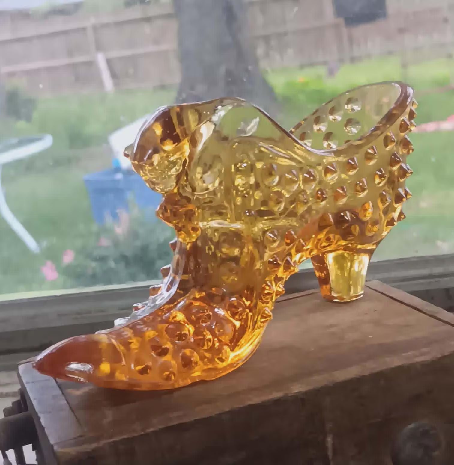 Fenton Glass Amber Hobnail Shoe - Vintage Cat's Head Slipper