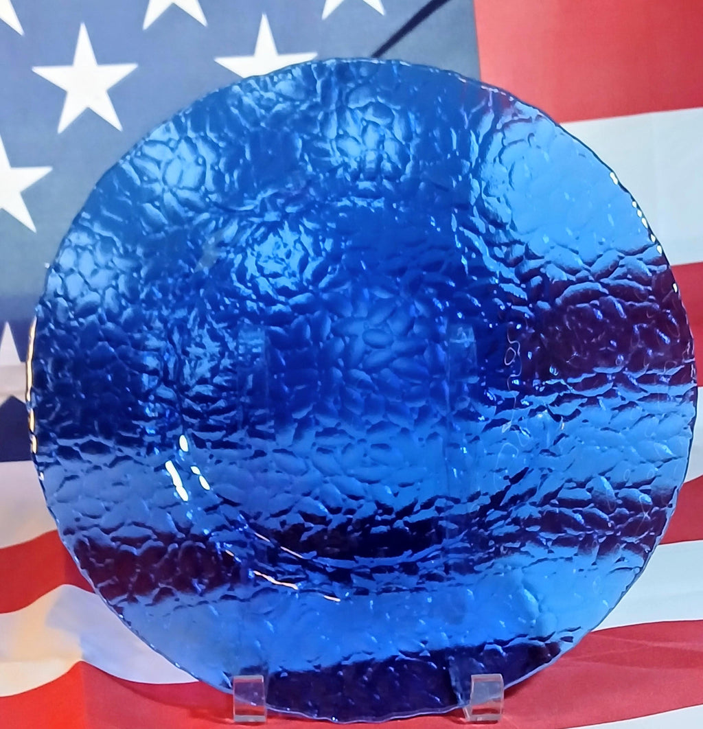 Vintage Cobalt Blue Glass Plates Set of 2 – 11" Textured Dinner, Serving or Charger Plates
