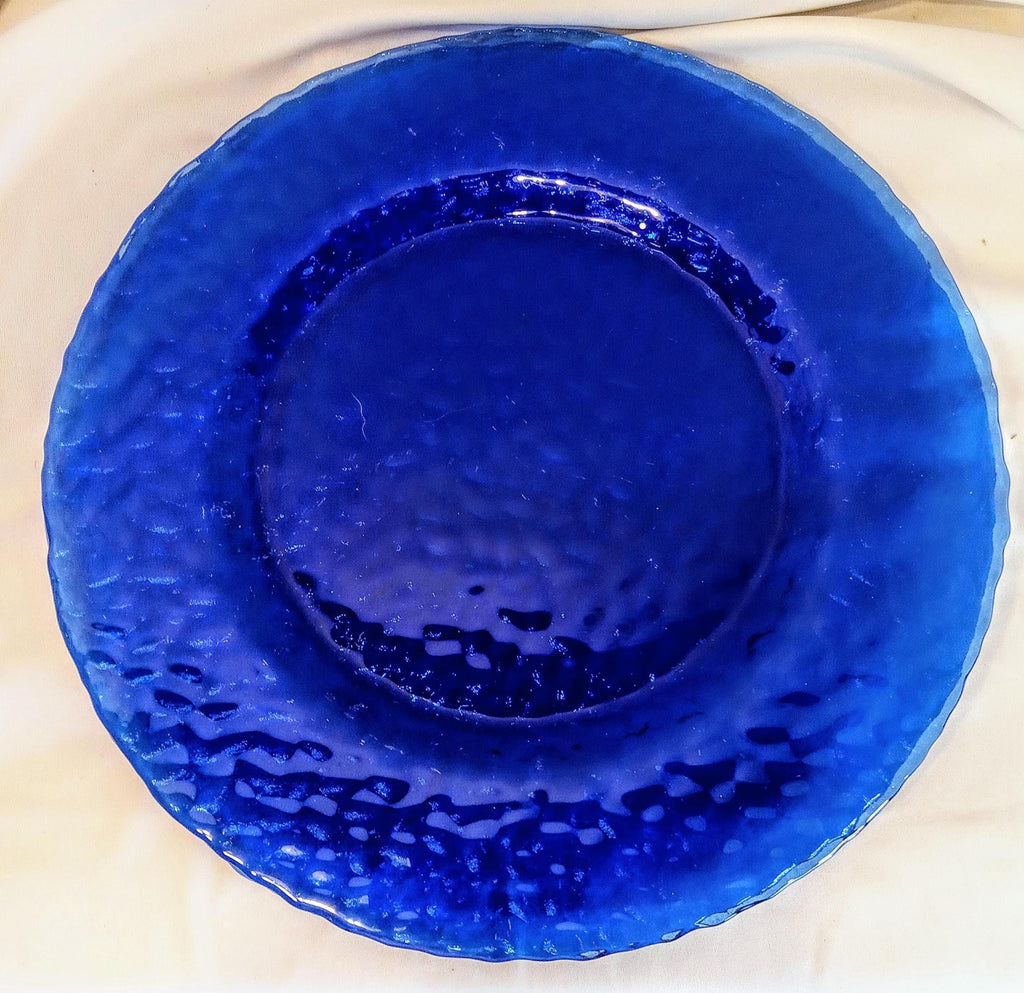 Vintage Cobalt Blue Glass Plates Set of 2 – 11" Textured Dinner, Serving or Charger Plates