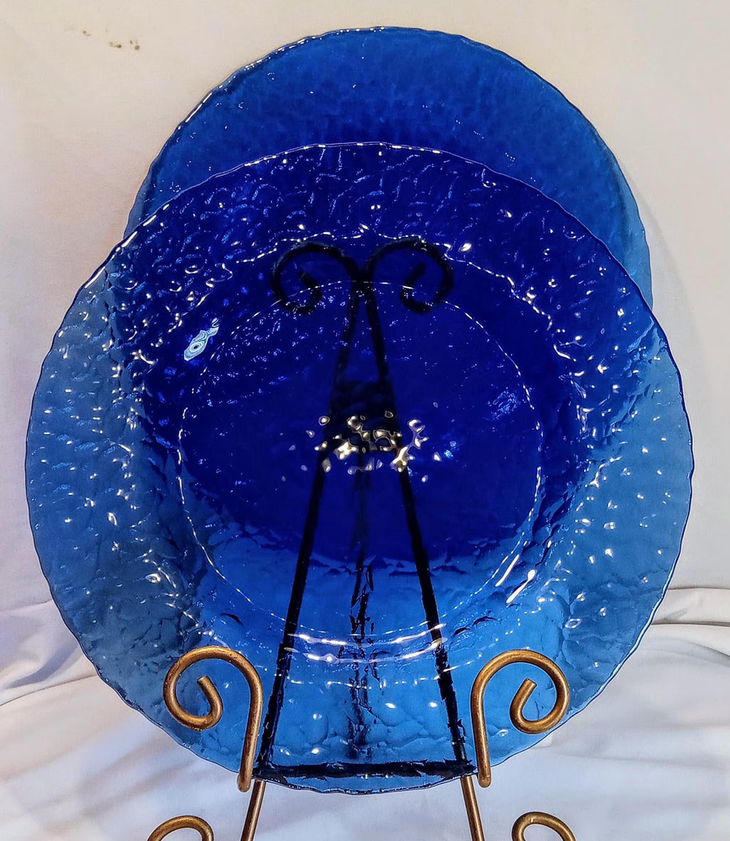 Vintage Cobalt Blue Glass Plates Set of 2 – 11" Textured Dinner, Serving or Charger Plates