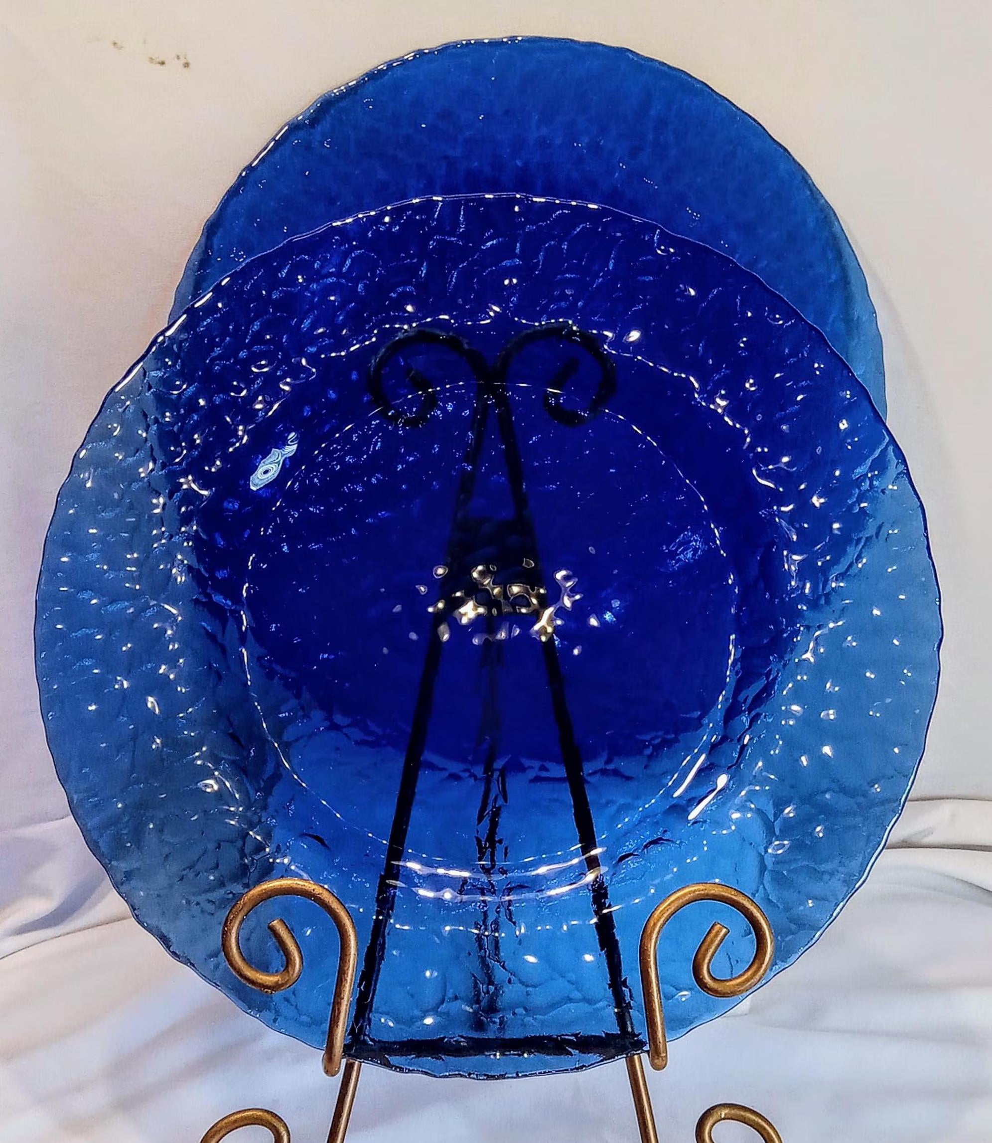 Vintage Cobalt Blue Glass Plates Set of 2 – 11" Textured Dinner, Serving or Charger Plates