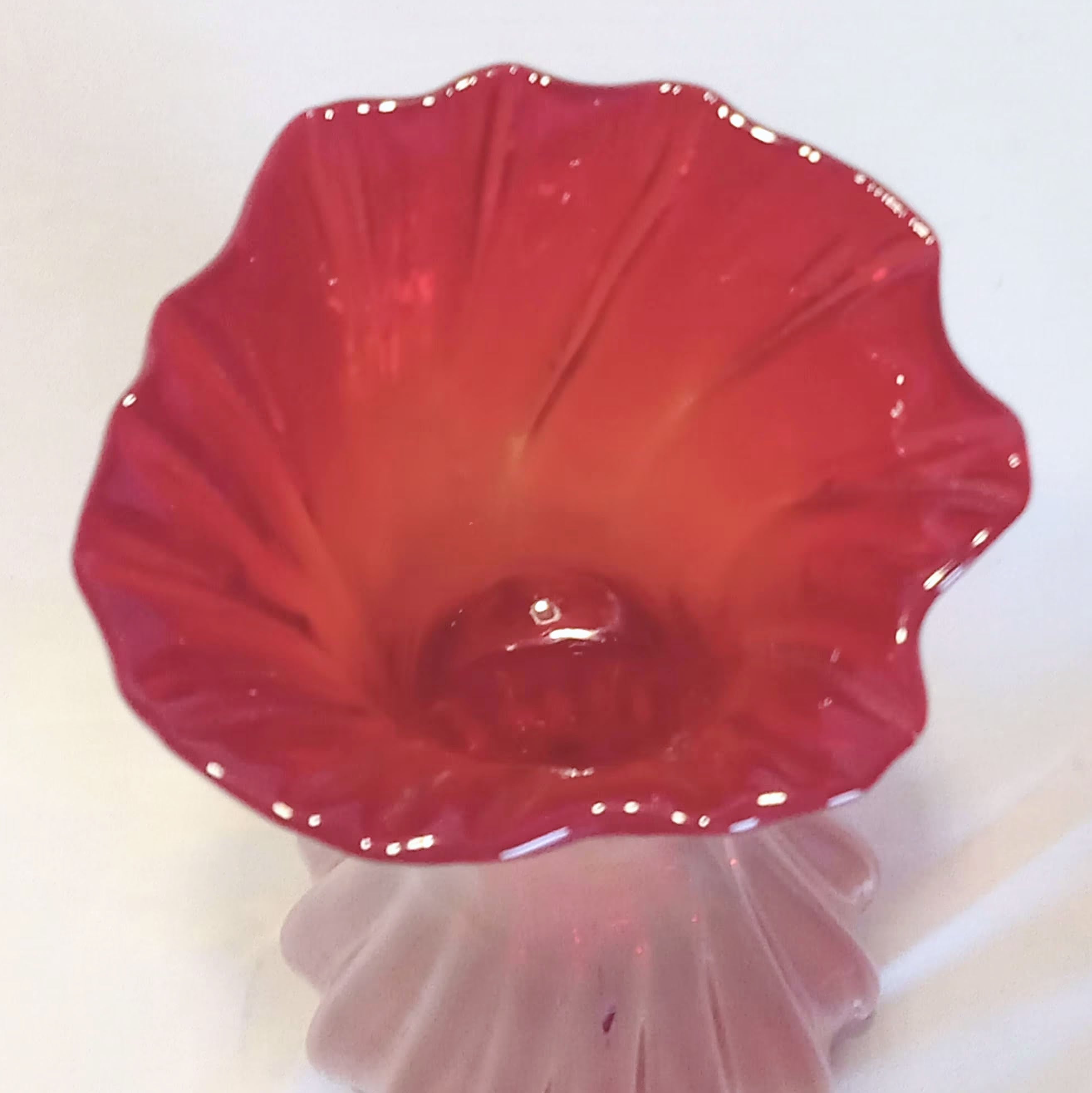 Hand Blown Glass Vase - Ruby Red, Ruffled Rim & Polished Pontil