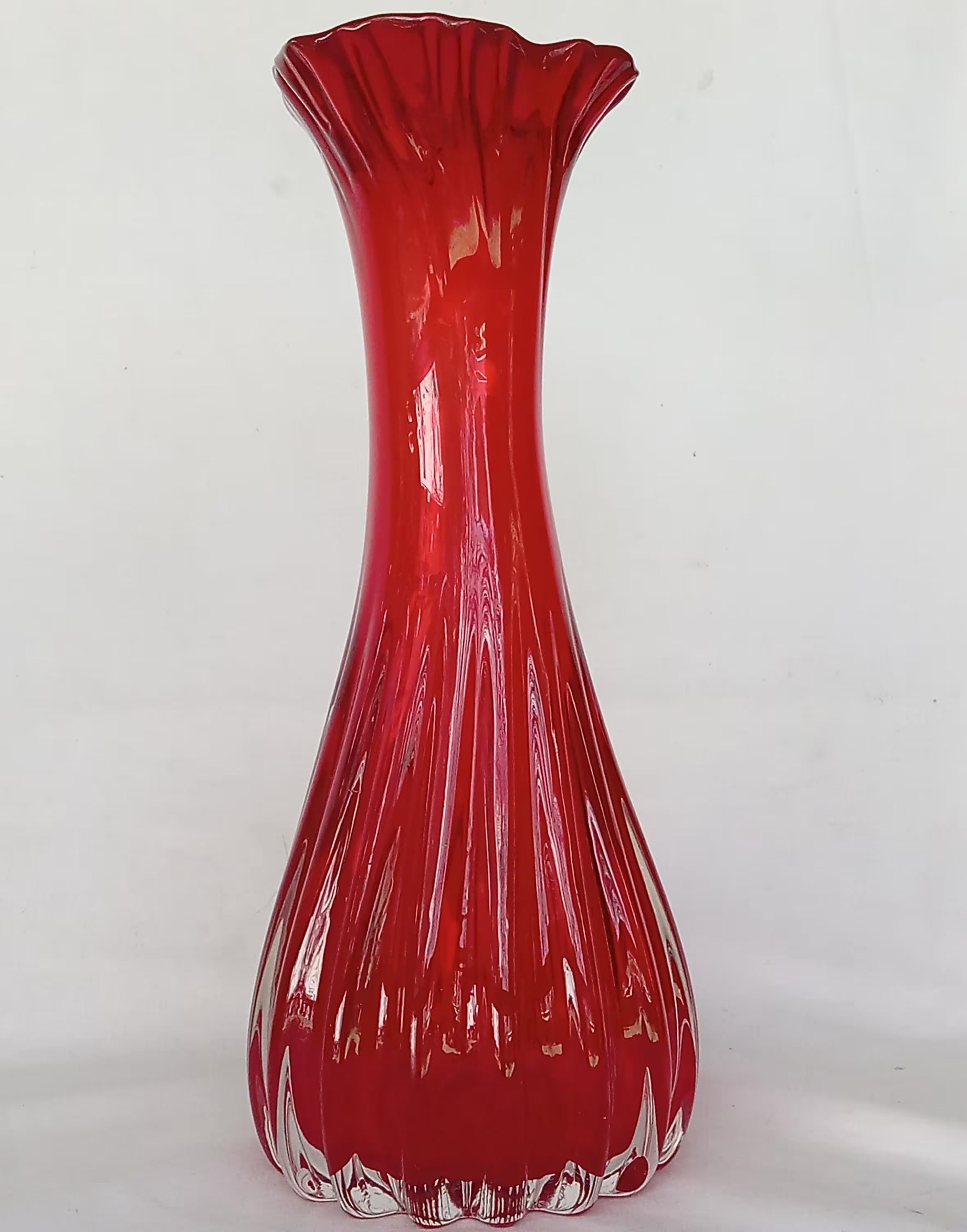 Hand Blown Glass Vase - Ruby Red, Ruffled Rim & Polished Pontil