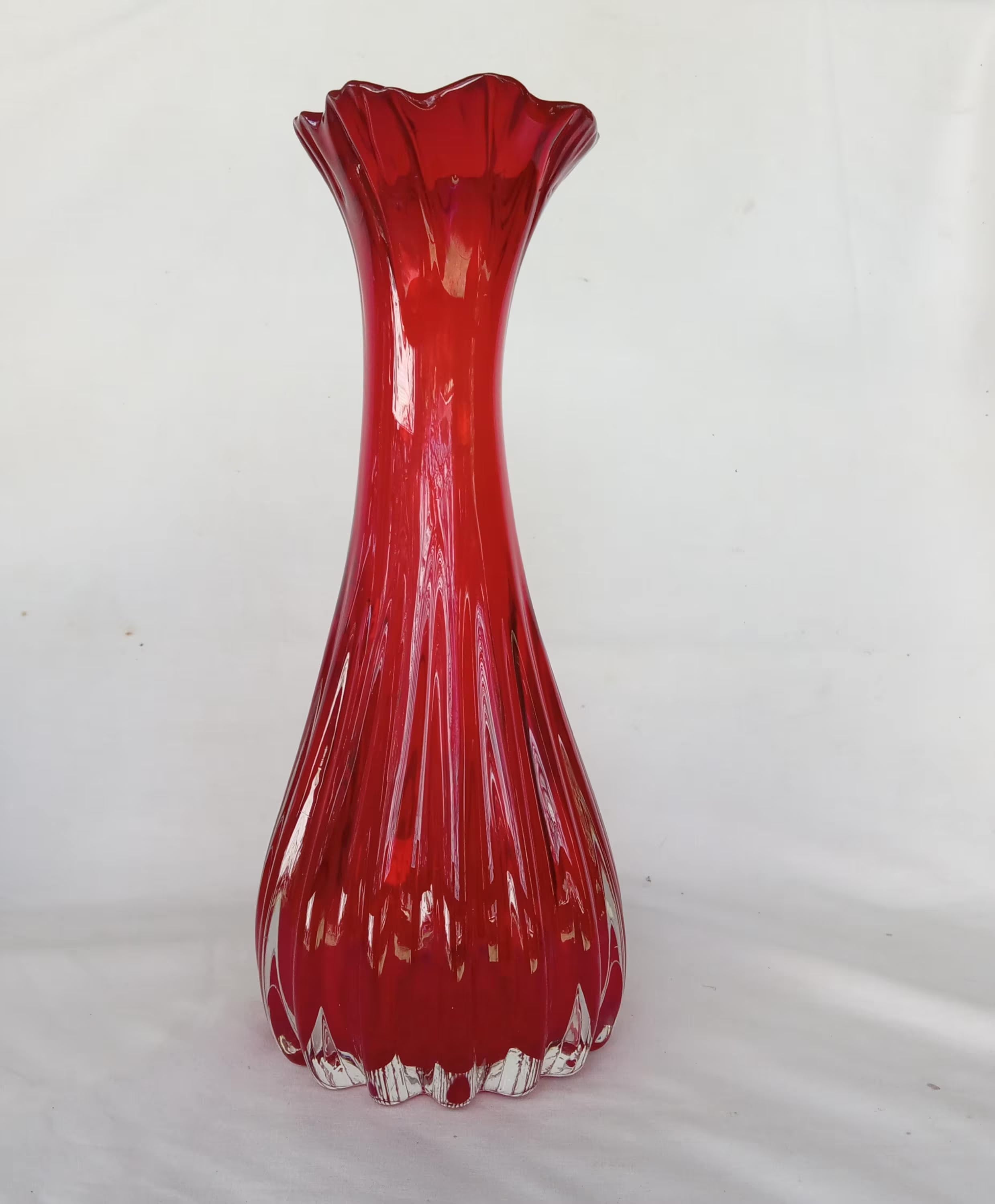 Hand Blown Glass Vase - Ruby Red, Ruffled Rim & Polished Pontil