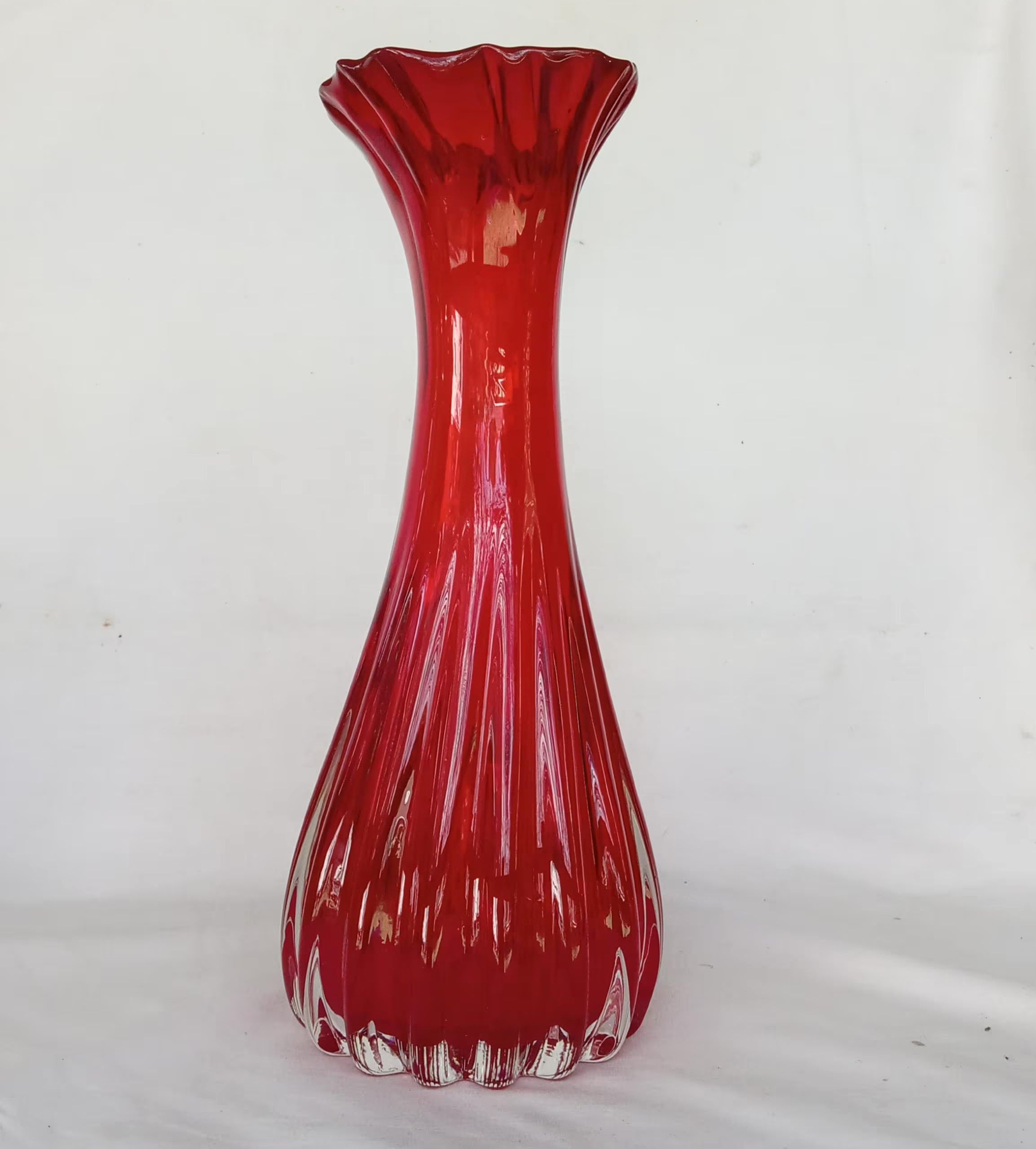 Hand Blown Glass Vase - Ruby Red, Ruffled Rim & Polished Pontil