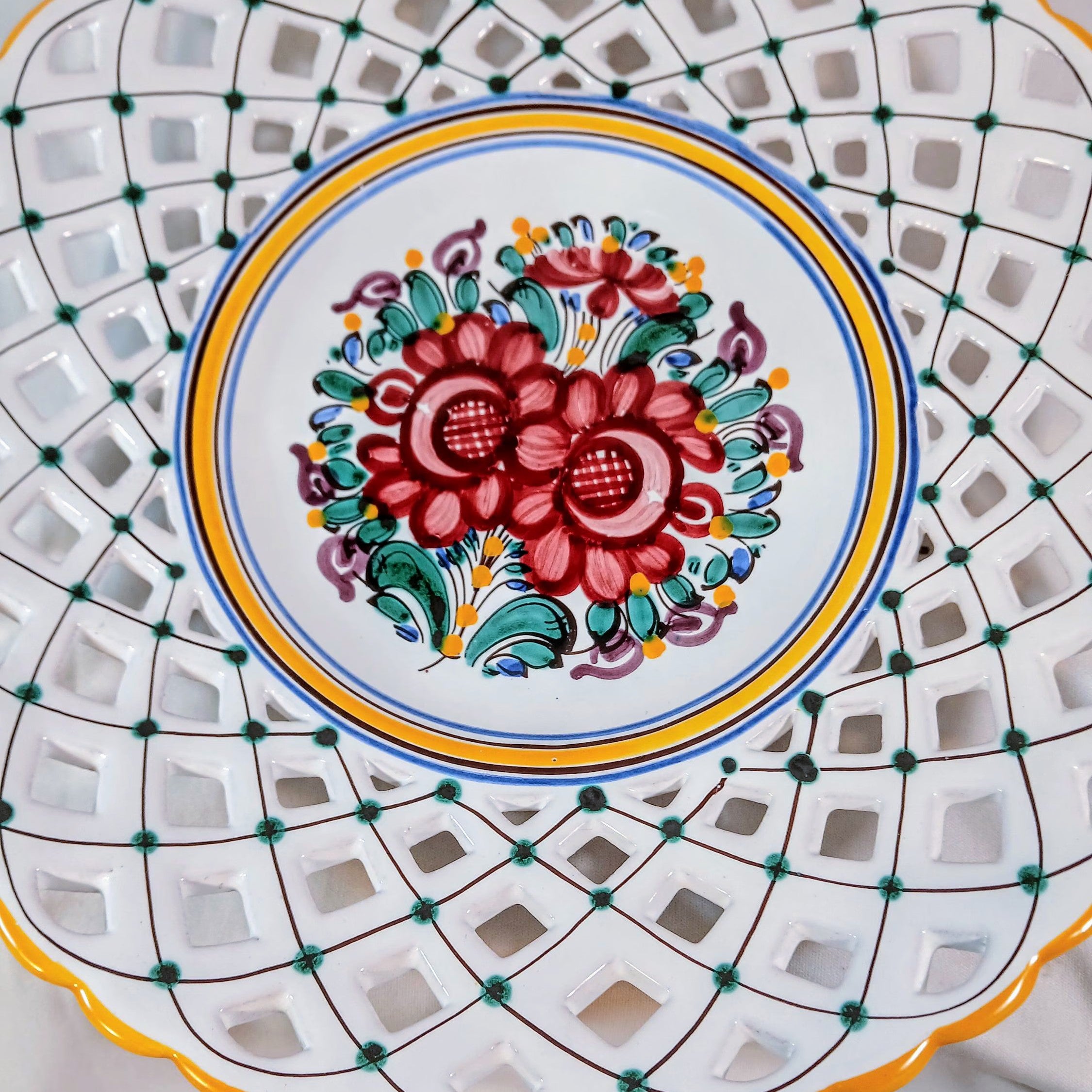 Hand-Painted Open Lattice Plate – 10.5" Slovakian Folk Art Pottery