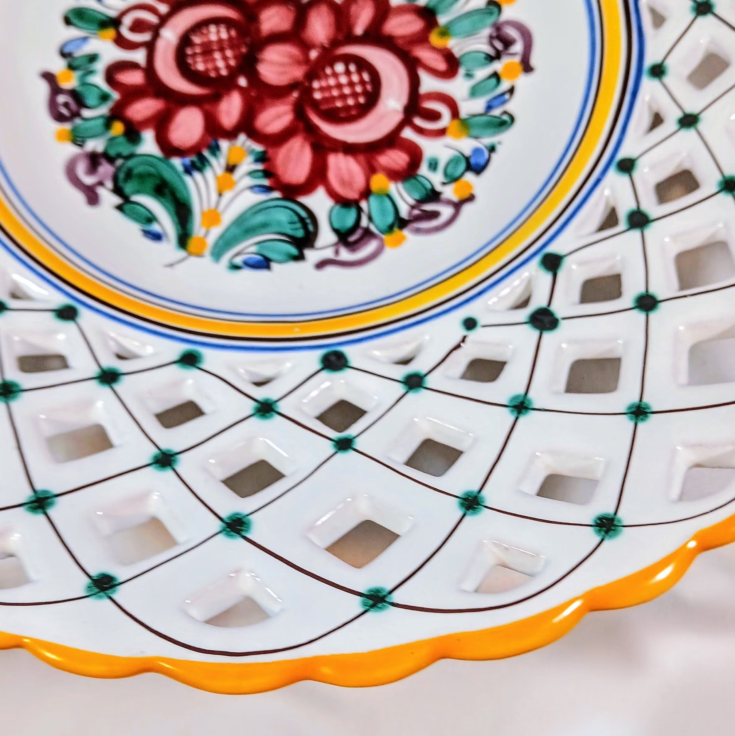 Hand-Painted Open Lattice Plate – 10.5" Slovakian Folk Art Pottery