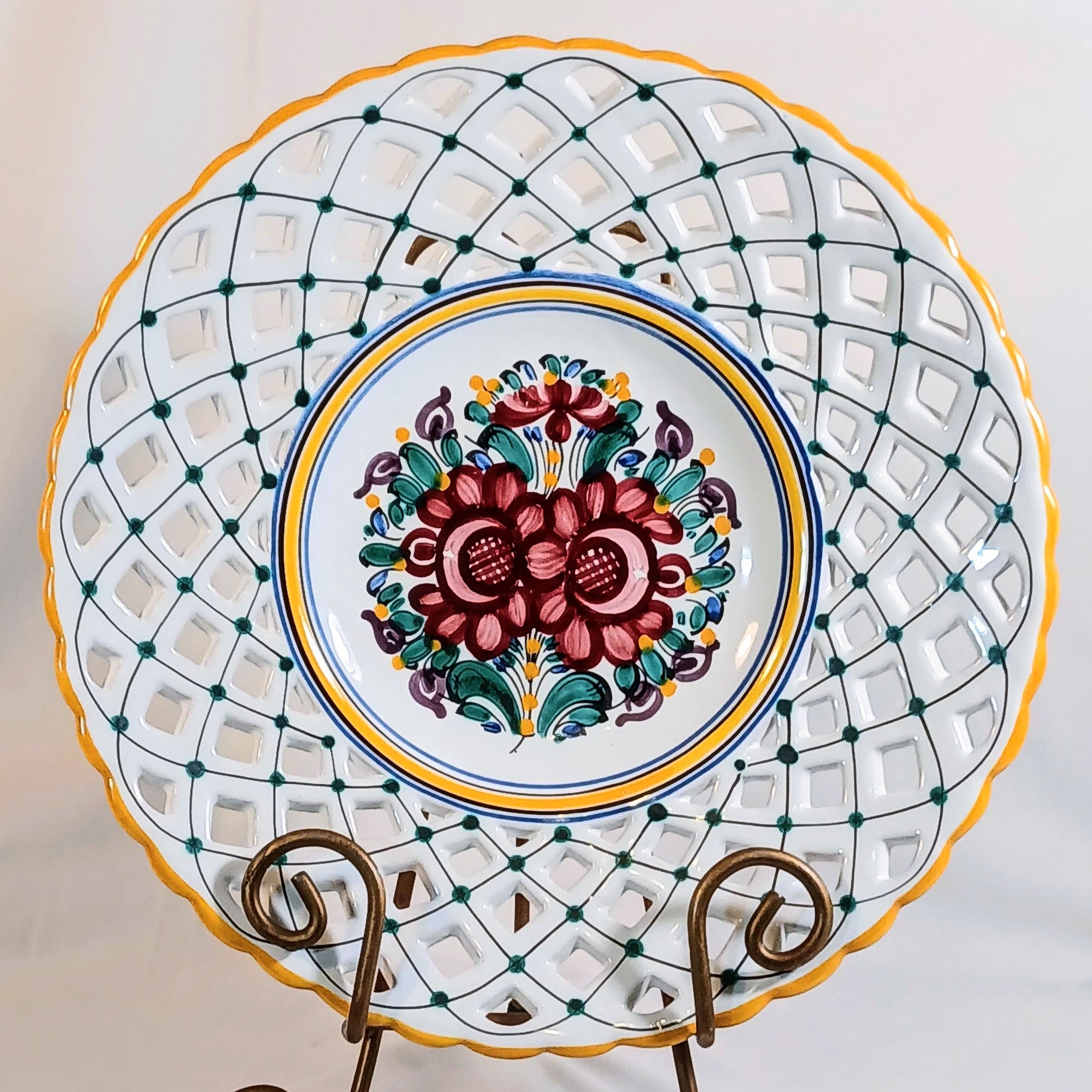 Hand-Painted Open Lattice Plate – 10.5" Slovakian Folk Art Pottery